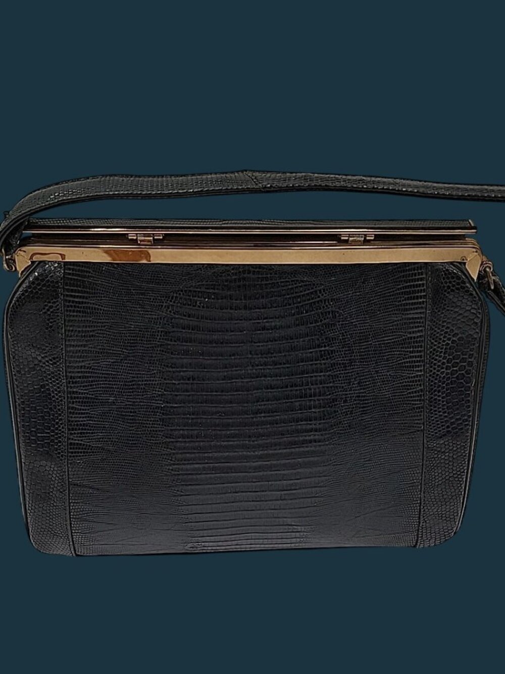 Vintage Sterling USA Black Genuine Lizard Skin Handbag Mid Century Frame Purse - Picture 1 of 16